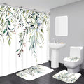 Elegant Floral Shower Curtain Sets with 12 Hooks, Bath Mat, Toilet Lid Cover, U Shaped Rugs, Watercolor Plant Green Leaves Waterproof, Washable Fabric,70.8 x 70.8 inches.