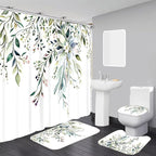 Elegant Floral Shower Curtain Sets with 12 Hooks, Bath Mat, Toilet Lid Cover, U Shaped Rugs, Watercolor Plant Green Leaves Waterproof, Washable Fabric,70.8 x 70.8 inches.