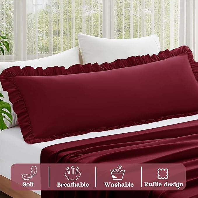 KKJIAF Ruffle Body Pillow Cases Set of 1, Ruffled Pillow Covers with Envelope Closure, Wrinkle Resistant Ruffled Long Pillow Shams 20" x 54", Burgundy