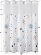 QiyI Flower Shower Curtain with Snap in Liner, Blue Beige Watercolor Floral Cloth Bath Curtain, No Hook Shower Curtains with Mesh Top Window, Fabric Waterproof Bathroom Curtains Set, 72 x 75 Inch