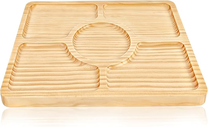 Divided Wood Serving Tray, Rectangular Tray Chip and Dip Platter, Serving Tray with 5 Sections for Appetizers & Snacks, Veggie Platter, Food Trays for Party 12'' x 8.7'' x 0.6''