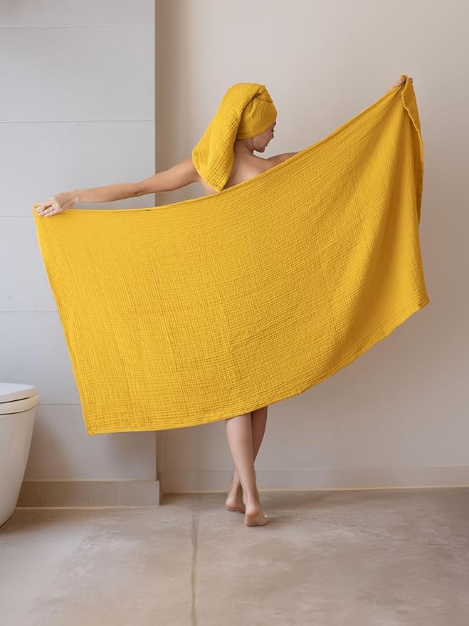 4 Pieces Muslin Towel Set for Bathroom, Luxury 100% Turkish Cotton Thin Soft Quick-Dry Lint-Free Large Size Bath Hand Towel Sets (Mustard, 2 Bath & 2 Hand Towel Set)