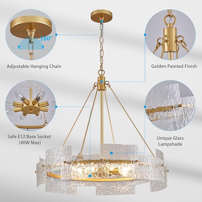 XINGQI Large 8-Light Modern Gold Glass Chandelier 26" Drum Light Fixture Round Water Ripple Pendant Lighting for Dining Room Living Room Kitchen Island Office
