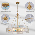 XINGQI Large 8-Light Modern Gold Glass Chandelier 26" Drum Light Fixture Round Water Ripple Pendant Lighting for Dining Room Living Room Kitchen Island Office