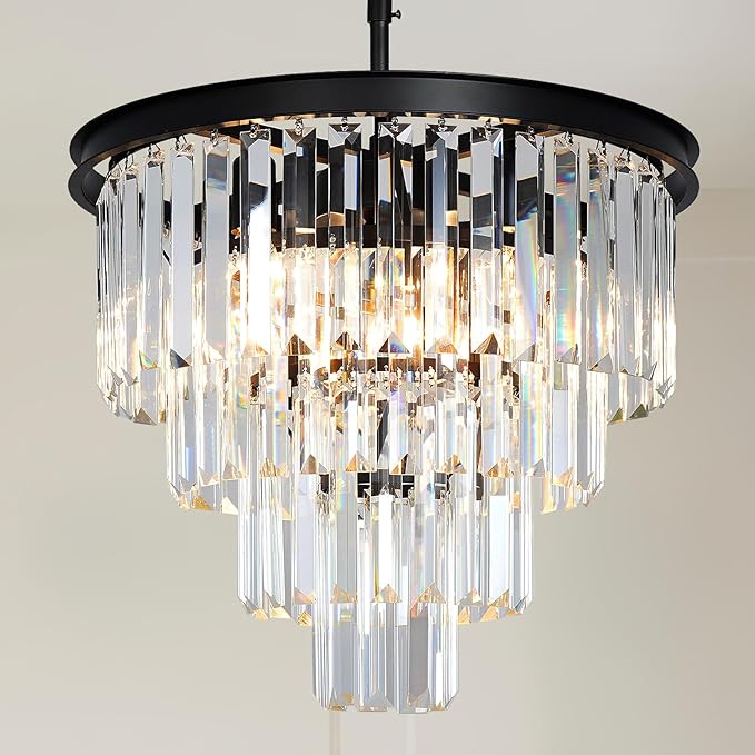 Black Crystal Chandeliers for Dining Room, 4-Tier 5 Lights Modern Chandelier Contemporary Luxury Top K9 Crystal Ceiling Pendant Light Fixture for Foyer Kitchen Bedroom Closet 18"