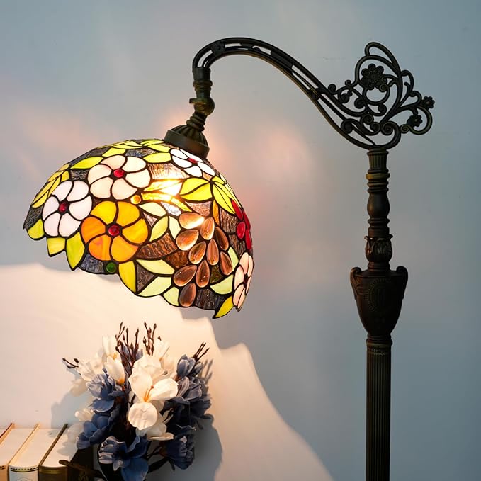 Tiffany Floor Lamp 12 Inch Stained Glass Lamp Purple Retro Handcrafted Adjustable Reading Lamp Suitable For Bedside Bedroom Living Room Office Tiffany Style Antique Home Decoration Art (Grape Flower)