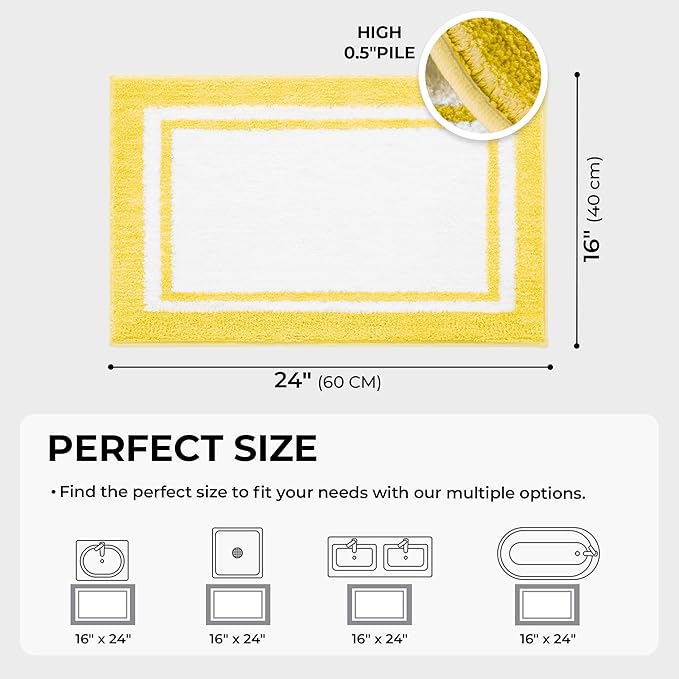 GRANNY SAYS Microfiber Bathroom Rugs Non Slip Washable, Water Absorbent Bathroom Mats for Tub Non Slip, Soft Bath Mats for Floor & Shower, Bath Rug, 16" x 24", Black Bath Rug, Yellow