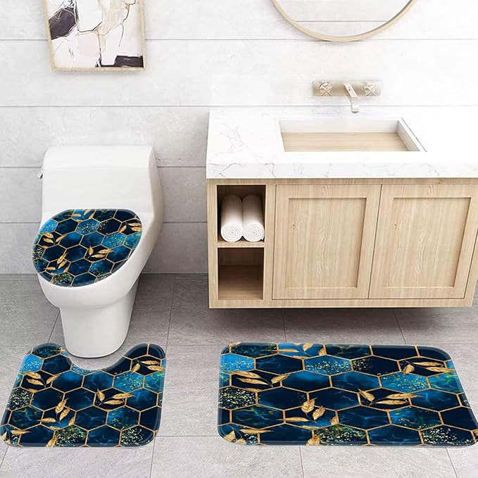 4 Pcs Bathroom Shower Curtain Set, Includes Bath Mat,U Shape Mat and Toilet Lid Cover, 12 Hooks, Black & Blue Honeycomb Marble with Gold Leaves Design, 70.8x70.8 Inches, Waterproof Fabric.