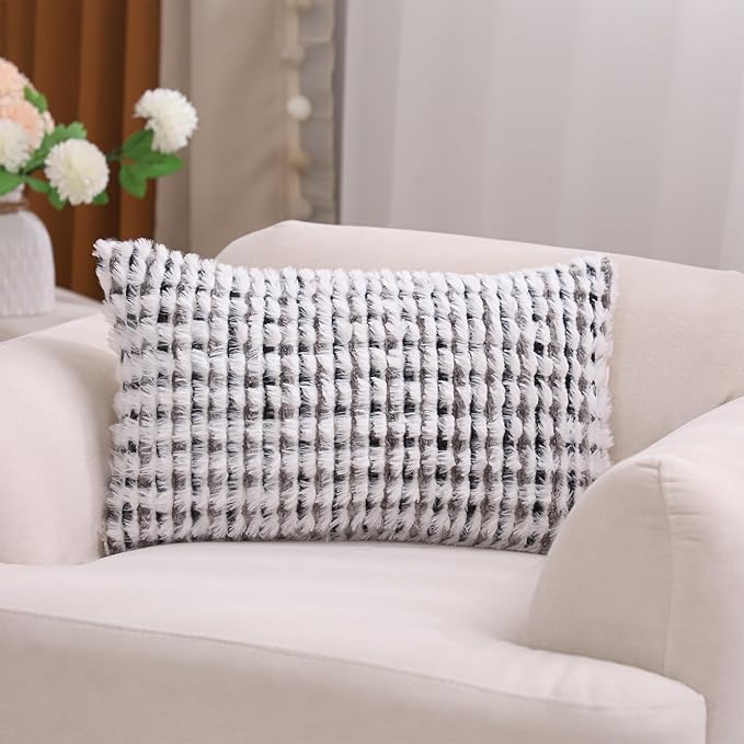LUOYEHK Boho Throw Pillow Covers 12x20 Inch Set of 2 Chenille Tufted Pillowcase Farmhouse Neutral Cushion Covers for Couch Sofa Bed Living Room, Black Gray