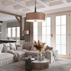 Shrine Lighting Drum Chandeliers, Farmhouse Style, Perfect Drum Pendant Light for Dining Room, D21'' x H8'', Adjustable Chains 59'', E26*3 Sockets, Brown Linen Fabric Lampshade & Black Rod