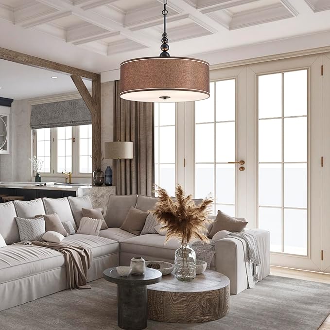 Shrine Lighting Drum Chandeliers, Farmhouse Style, Perfect Drum Pendant Light for Dining Room, D21'' x H8'', Adjustable Chains 59'', E26*3 Sockets, Brown Linen Fabric Lampshade & Black Rod