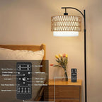 Arc Floor Lamp for Living Room Boho Floor Lamps with Remote Control & with 3 Color Temperatures,Rattan Wicker Standing Lamp Dimmable Tall Floor Lamp for Bedroom Living Room Corner