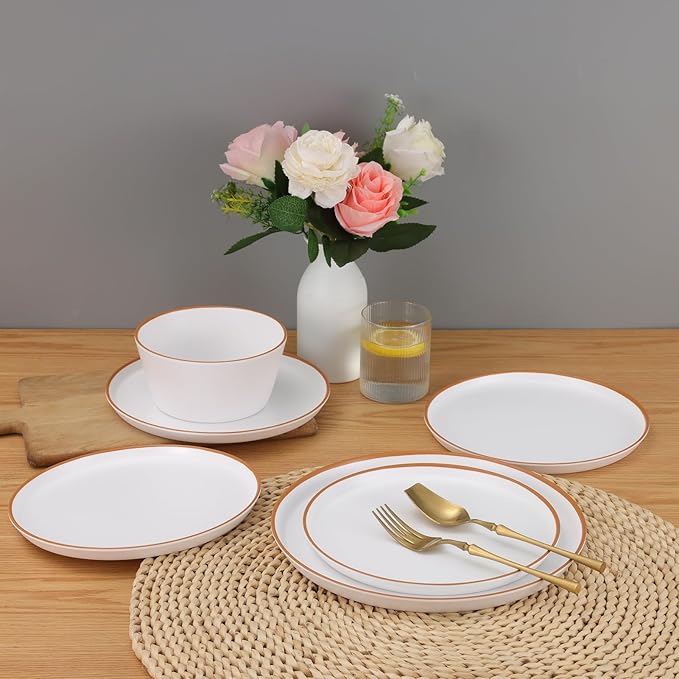 Melamine Dinnerware for 4, 12 Pieces Unbreakable Matte Plastic Plates and Bowls set, Kitchen Dish set BPA Free, Dishwasher Top Safe, Not Microwave, Not Oven (White)