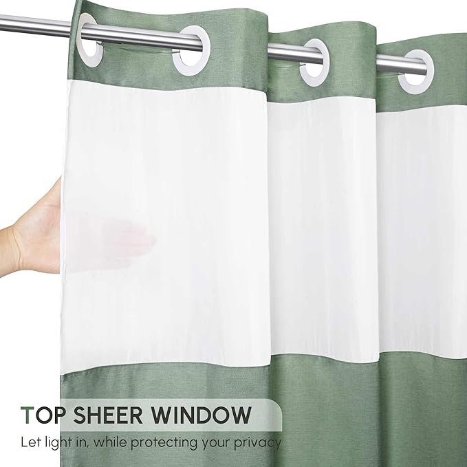 No Hooks Linen Textured Shower Curtain with Snap-in Fabric Liner Set, Hotel Shower Curtain Set for Bathroom with See Through Top Window, Waterproof & Washable, 72Wx74H, Green
