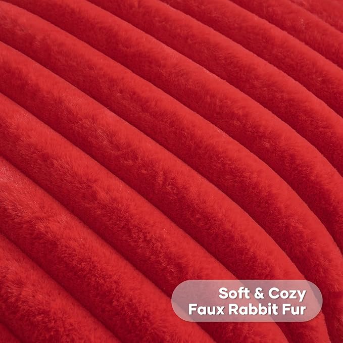 FUTEI Red Striped Decorative Throw Pillow Covers 12x20 Inch Set of 2,Rectangle Winter Decorations Couch Lumbar Pillowcase,Soft Cozy Faux Rabbit Fur & Velvet Back,Modern Home Decor for Bed