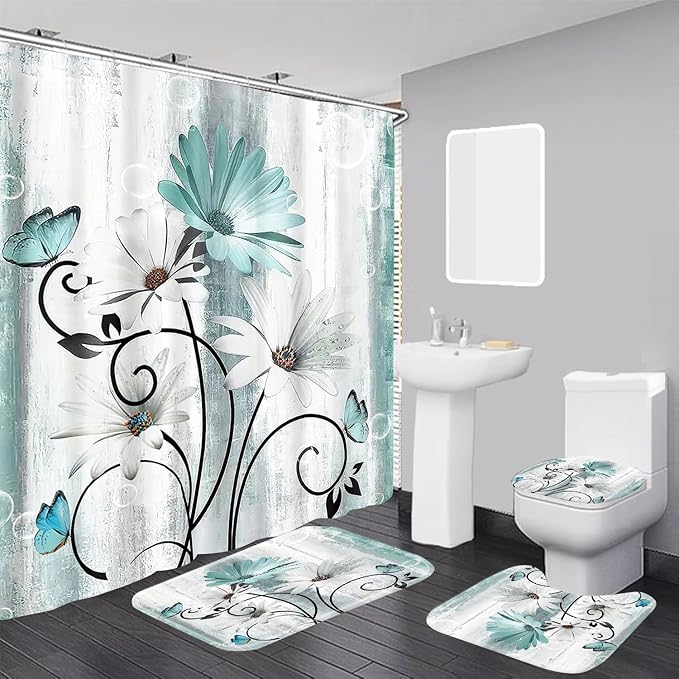 Rustic Farmhouse Shower Curtain Set, Butterfly Design and Teal Daisy Floral Flowers, Turquoise, Bath Mat, Toilet Lid Cover, U Shaped Rugs, 12 Hooks, 70.8 x 70.8 Inches,Waterproof.