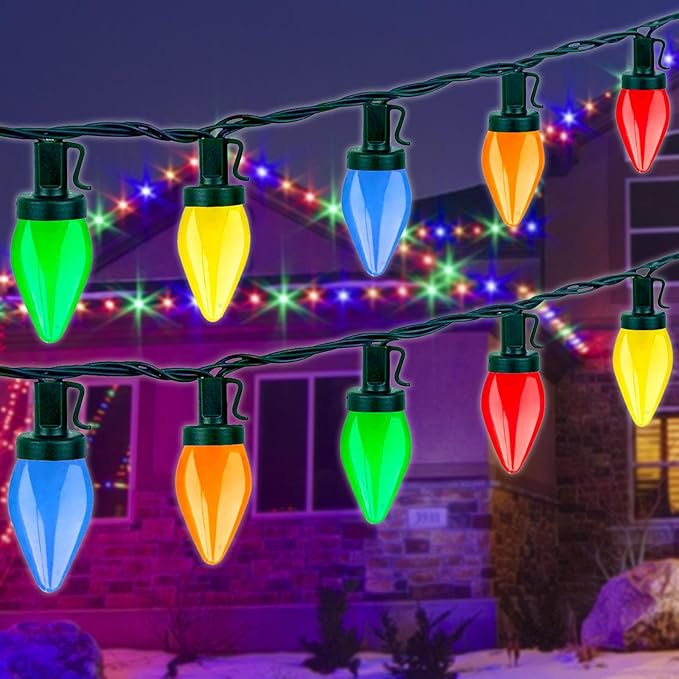 Couah C7 Christmas LED String Lights - 26Ft LED Vintage Multicolor Lights with 50 LED Colorful Bulbs, Outdoor String Lights for Christmas Party Backyard Wedding- Green Wire