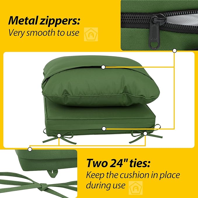 AAAAAcessories Outdoor Deep Seat Cushions, Waterproof, Fade-Resistant Patio Furniture Replacement Cushions, 23.5" x 25.5" x 5" + 23.5" x 19", Set of 2, Dark Moss Green