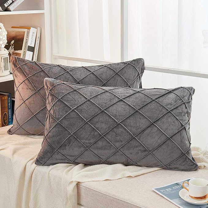 JAUXIO Diamond Pinch Pleated Crystal Velvet Pillowcases 2 Pack Solid Pintuck Throw Cushion Cover for Home Decor Hidden Zipper Closure (Dark Grey, King)