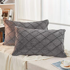 JAUXIO Diamond Pinch Pleated Crystal Velvet Pillowcases 2 Pack Solid Pintuck Throw Cushion Cover for Home Decor Hidden Zipper Closure (Dark Grey, Standard)