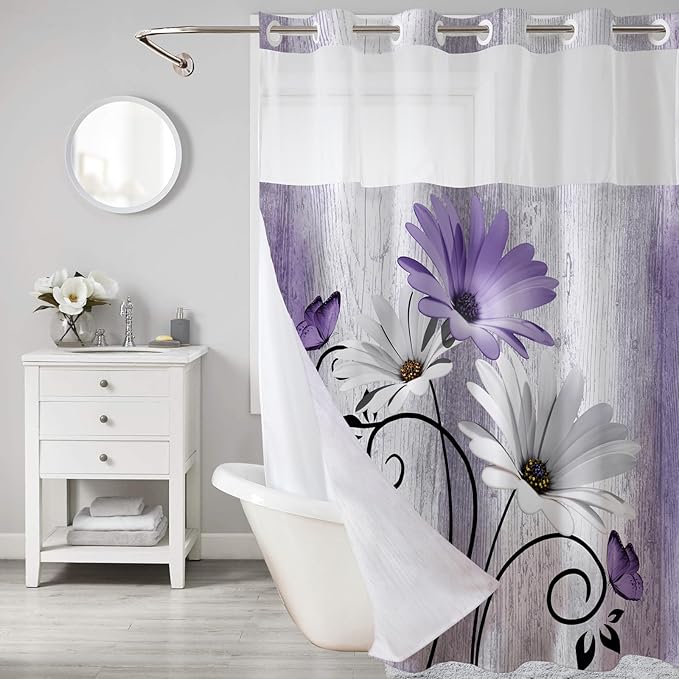 Muuyi Purple Watercolor Floral Shower Curtain,No Hook Shower Curtain,Polyester Shower Curtains with Snap in Fabric,Sheer Top Window for Bathroom Decor,Waterproof & Washable,72W x 75L Inch