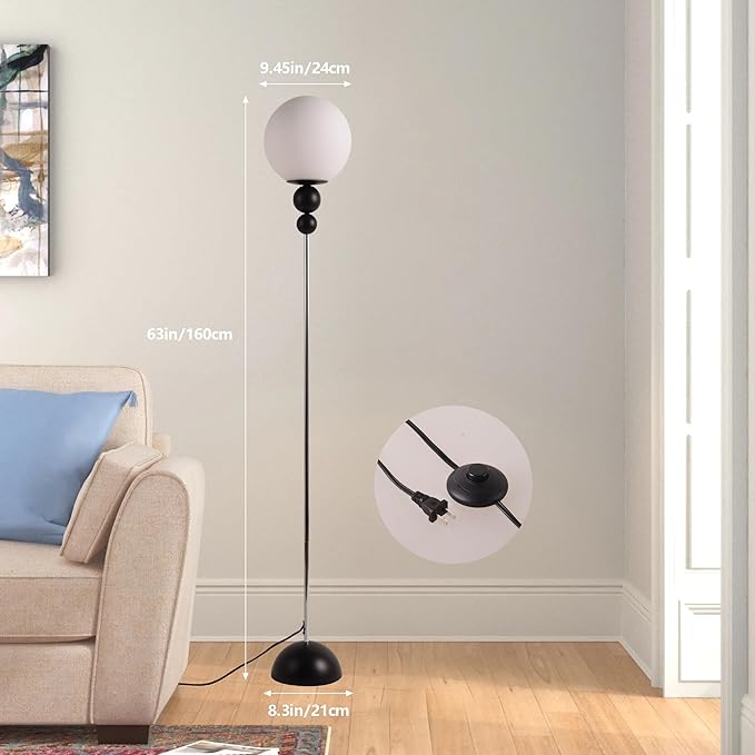 Modern Glass Floor Lamp for Bedroom, 63'' Vintage Mid-Century Floor Lamp with Milky White Frosted Glass Globe Shade for Living Room Corner, Slim Standing Reading Lamp for Office Decor (Black)