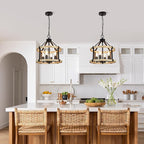 4-Light Farmhouse Chandelier, 12.5 Inch Rustic Black and Vintage Wood Finish Chandeliers for Dining Room Light Fixture, Adjustable Height Hanging Light for Kitchen Island, Entryway, Indoor