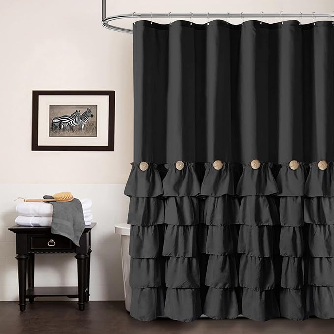 Seasonwood Black Ruffle Shower Curtain Farmhouse Style Black Fabric Shower Curtain Nature Button Shabby Chic Ruffles and French Country Style 72×72