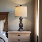 PoKat 20.5'' Bedside Table Lamp for Bedroom Nightstand - Farmhouse Lamp for Living Room, Black Night Stand Light Lamp with Round Linen Shade, Vintage Bedroom Lamp, Suitable for Small Place