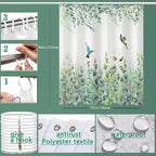 Green Leaf Shower Curtain - Emerald Bird Mint Hummingbird Design, 72"W x 84"L, 12 Hooks, Weighted Hem, Waterproof for Bathroom