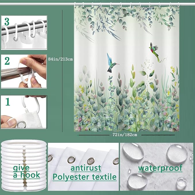 Green Leaf Shower Curtain - Emerald Bird Mint Hummingbird Design, 72"W x 84"L, 12 Hooks, Weighted Hem, Waterproof for Bathroom