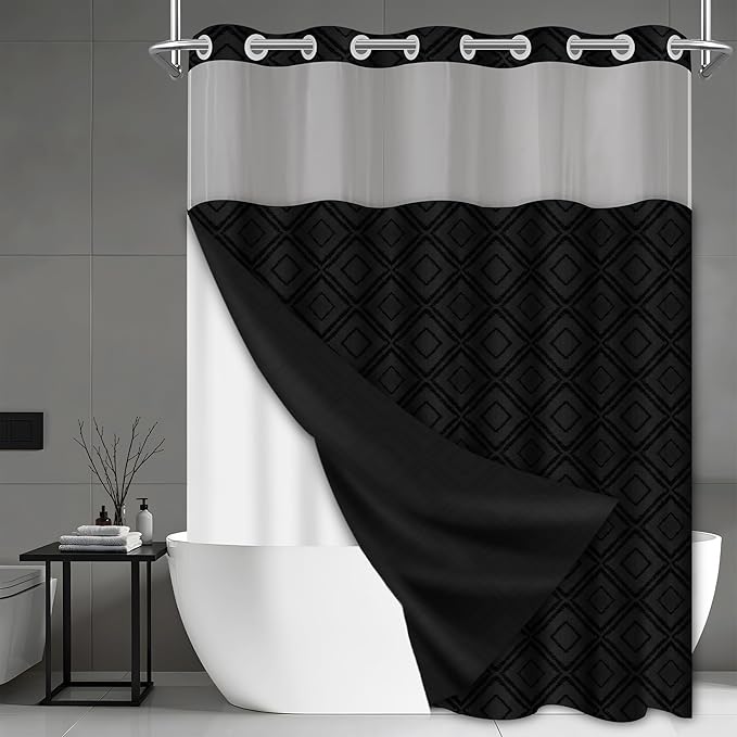 No Hook Shower Curtain Set with Snap in Liner, Black Jacquard Tufted Geometric Bath Curtain, Boho Luxury Hotel Bathroom Decor, Waterproof Washable, 71 x 86 Inch