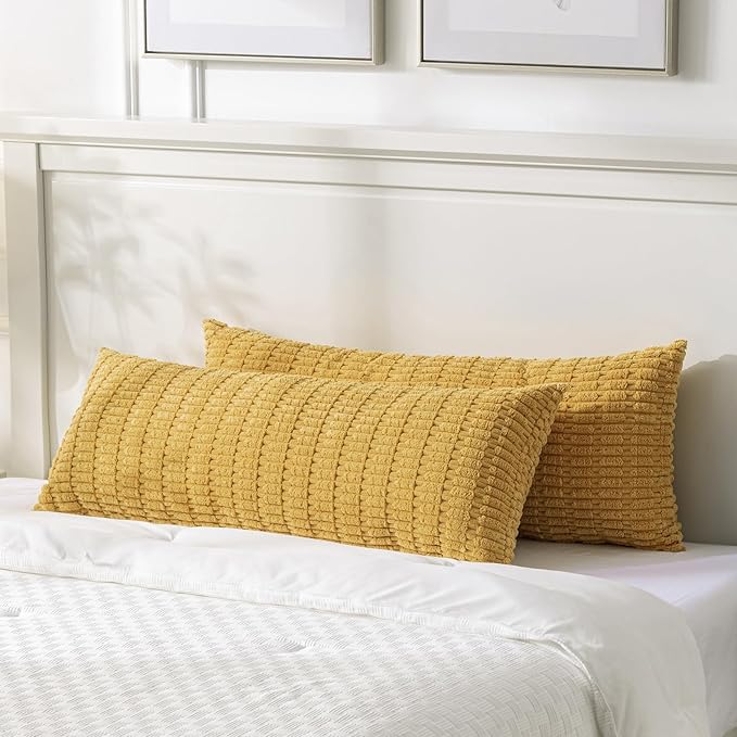 Fancy Homi Mustard Yellow Long Body Lumbar Lumbar Decorative Throw Pillow Covers 20x54 Inch for Bed Couch Bedroom Bench, Soft Corduroy Rectangle Solid Pillow Case, Rustic Farmhouse Boho Room Decor