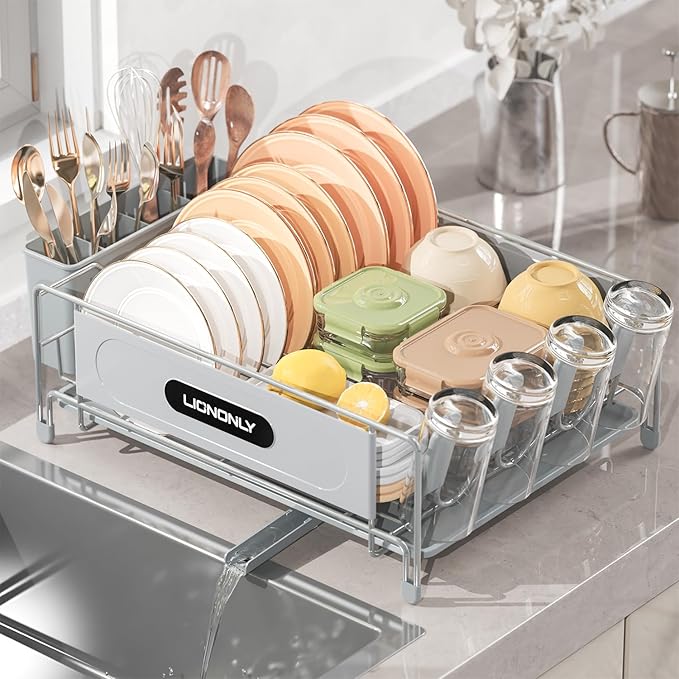 Dish Drying Rack, Dish Racks for Kitchen Counter, 304 Stainless Steel Dish Drainer Drainboard Set with Smart Drainage, 360° Adjustable Spout, Utensil Holder and Cup Holder, White