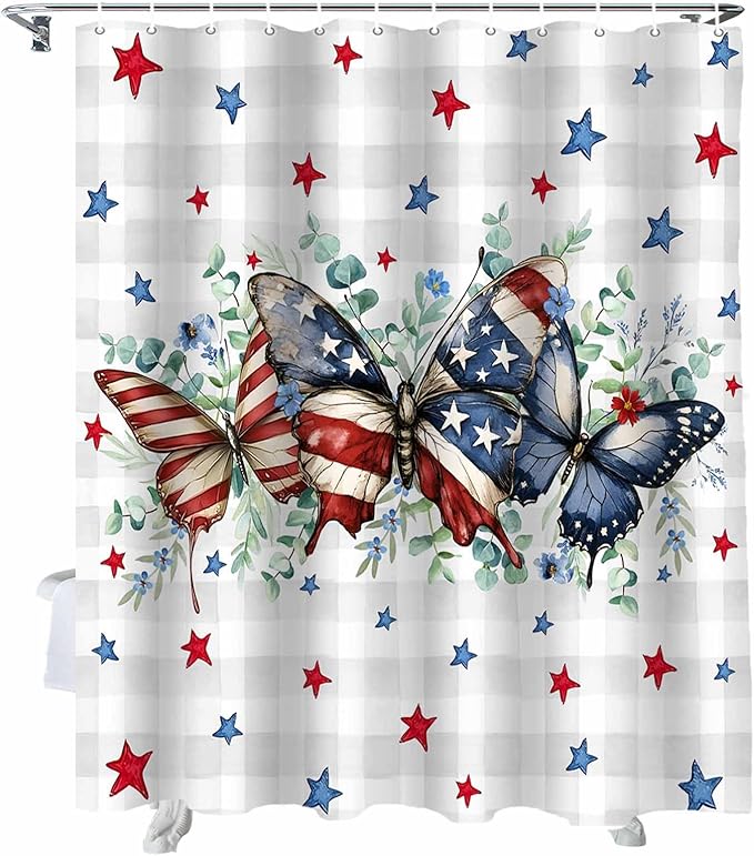 4th of July Shower Curtain, Patriotic Stars Butterfly Shower Curtains Set with Hooks, Eucalyptus Leaves Plaid Independence Day Waterproof Bathroom Curtains Decor Home Accessories,Stall 36 X 72 Inch