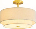 Double Drum 3 Light Semi Flush Mount Ceiling Light, Close to Ceiling Light Fixture, 16 Inch with Fabric Linen Shade, Gold Brass, for Living Room, Bedroom, Dining Room,Hallway and Entryway