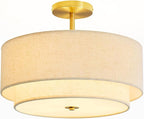 Double Drum 3 Light Semi Flush Mount Ceiling Light, Close to Ceiling Light Fixture, 16 Inch with Fabric Linen Shade, Gold Brass, for Living Room, Bedroom, Dining Room,Hallway and Entryway