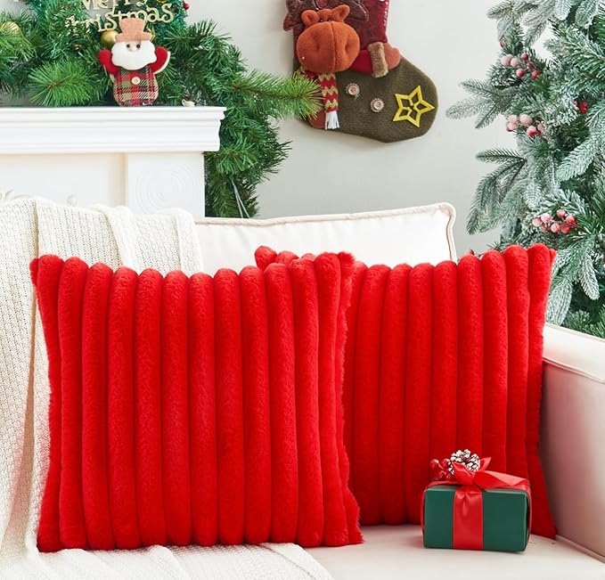 Pack of 2 Christmas Red Pillow Covers 18x18 Inch Decorative Faux Fur Throw Pillow Cover, Soft Lumbar Plush Pillowcases for Couch Sofa Bed Living Room, Fluffy Cute Home Boho Accent Decor
