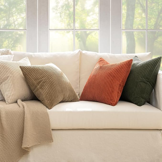 MIULEE Pack of 4 Rust-Olive Green Corduroy Decorative Throw Pillow Covers 16x16 Inch Soft Boho Striped Pillow Covers Modern Farmhouse Home Decor for Winter Sofa Living Room Couch Bed