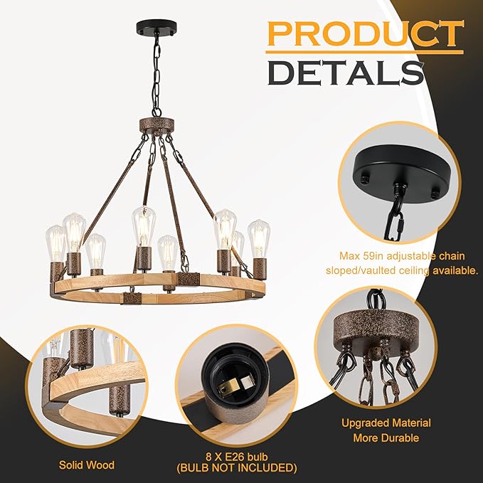 Farmhouse Wagon Wheel Chandelier 23.6" Wooden Rustic Light Fixtures 8-Light Wood Round Chandelier for Dining Room Kitchen Entryway Foyer