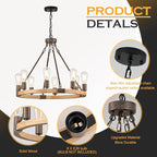 Farmhouse Wagon Wheel Chandelier 23.6" Wooden Rustic Light Fixtures 8-Light Wood Round Chandelier for Dining Room Kitchen Entryway Foyer
