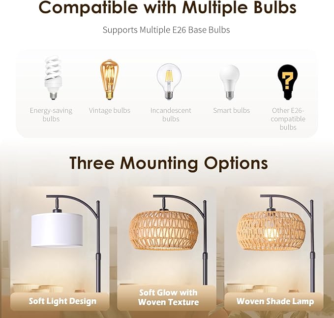 Boho Rattan Floor Lamp with Shade - 12W Bright LED Bulb, Adjustable Height 48-60 Inch, Remote Control 3 Color Temperatures,Farmhouse Handwoven Arc Standing Light for Living Room Bedroom