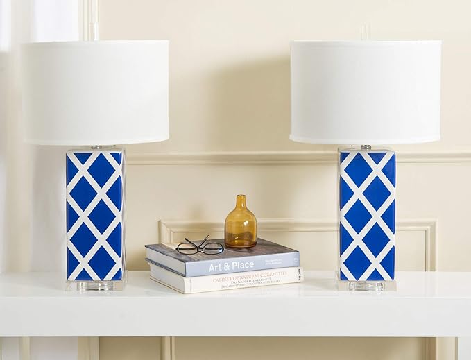 SAFAVIEH Lighting Collection Garden Lattice Trellis Modern Contemporary Navy 27-inch Bedroom Living Room Home Office Desk Nightstand Table Lamp Set of 2 (LED Bulbs Included)