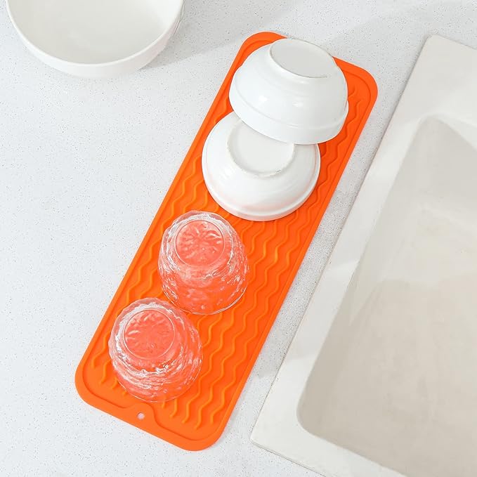 Silicone Dish Drying Mat for Multiple Usage,Easy clean,Eco-friendly,Heat-resistant Silicone Mat for Kitchen Counter,Sink,Bar,Bottle,or Cup Orange M 17 inches x 6 inches