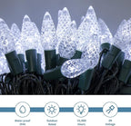 WATERGLIDE C6 Christmas Lights, 33ft 100 LED Faceted String Lights Green Wire Fairy Lights with 29V Safe Adaptor, 8 Lighting Mode, Waterproof for Indoor Outdoor Patio Xmas Tree Party Decor, Cool White