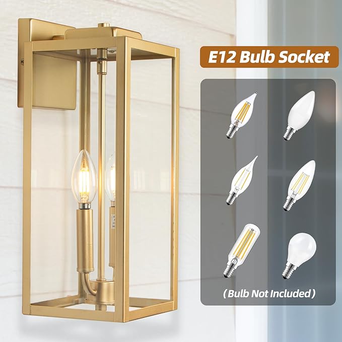 Gold 2-Light Large Outdoor Wall Lighting 16", Candle Light Square Outdoor Light Fixture IP65 Waterproof with Clear Tempered Glass Porch & Patio Light Brass Exterior Wall Sconce Lantern E12