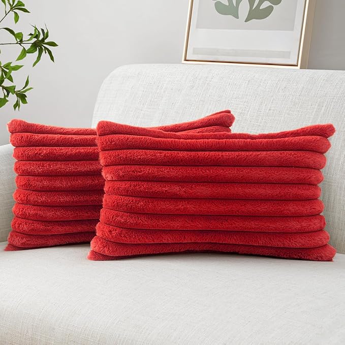 MIULEE Faux Fur Christmas Decorative Throw Pillow Covers 12x20 Inch Set of 2, Modern Spring Home Decor Soft Plush Couch Pillows Cozy Fluffy Cushion Covers for Sofa Bed Red
