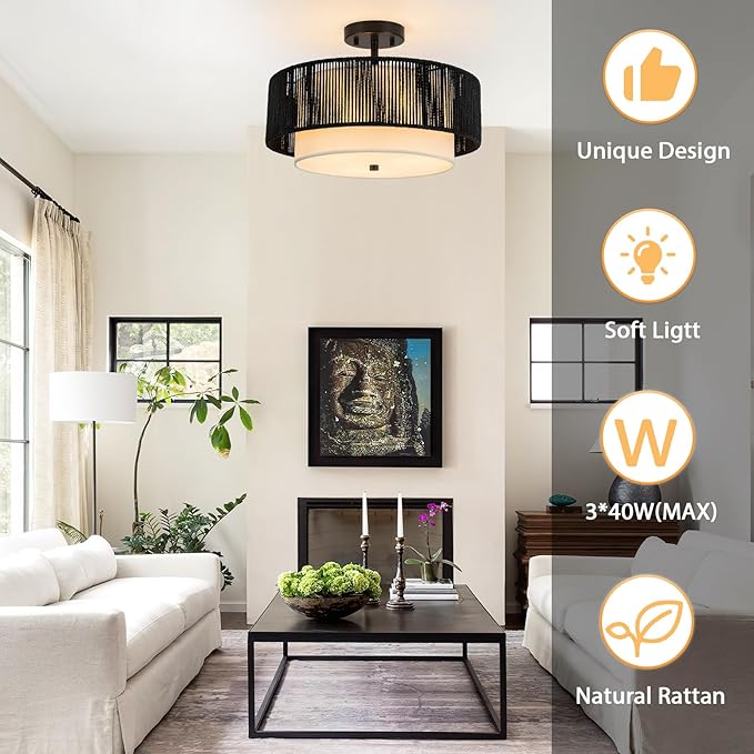 SineRise 16'' Rattan Flush Mount Ceiling Light Fixture,2-Tier Drum Hand-Woven Boho Flush Mount Ceiling Light,Farmhouse Light Fixture for Living Room,Kitchen,Bedroom Foyer Entryway ect.（Black）