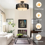 SineRise 16'' Rattan Flush Mount Ceiling Light Fixture,2-Tier Drum Hand-Woven Boho Flush Mount Ceiling Light,Farmhouse Light Fixture for Living Room,Kitchen,Bedroom Foyer Entryway ect.（Black）