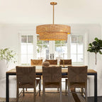 22.8in Woven Rattan Lighting Fixture, Large Boho Coastal Pendant Lights, 2-Tier Rope Chandelier with Fabric Shade for Kitchen Island, Dining Room, Bedroom, Restaurant, Hallway